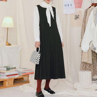 Long-sleeve Blouse / Midi Pleated Pinafore Dress
