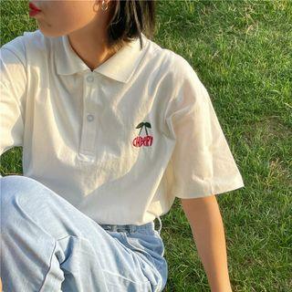 Short-sleeve Polo Neck Cherry Embroidered T-shirt