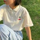 Short-sleeve Polo Neck Cherry Embroidered T-shirt