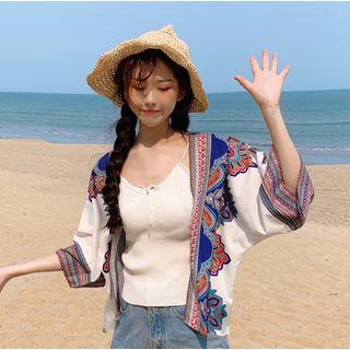 Printed 3/4-sleeve Light Jacket / Rib-knit Camisole Top
