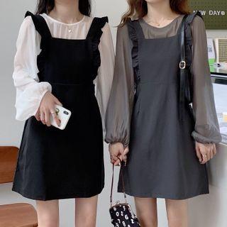 Set: Long-sleeve Chiffon Blouse + Mini A-line Jumper Dress