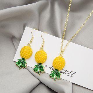 Set : Pineapple Pendant Alloy Necklace + Dangle Earring X732 - 1 Set - Dangle Earring & Necklace - Gold - One Size