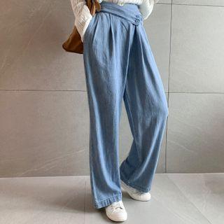 Wide-leg Denim Pants Light Blue - One Size