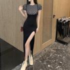 Set: Short-sleeve Checker Print T-shirt + Midi Overall Dress