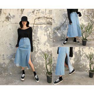Frey-hem A-line Denim Skirt
