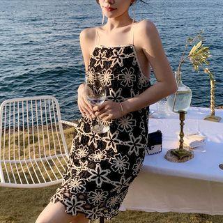 Spaghetti Strap Floral Crochet Knit Mini Sheath Dress