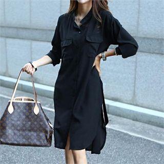 Slit-side Long Chiffon Shirt With Sash Black - One Size