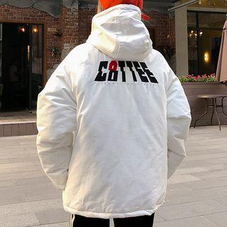 Padded Letter Embroidered Hooded Zip Jacket