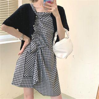 Check Sleeveless Dress / Plain Short-sleeve Light Cardigan