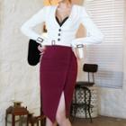 Set: Long-sleeve V-neck Blouse + Sheath Skirt