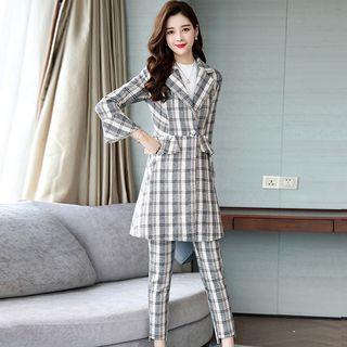 Set: Plaid Button Coat + Cropped Pants