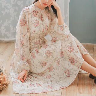 Set: Long-sleeve Floral Midi A-line Dress + Spaghetti Strap Dress