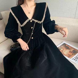 Frill Trim Velvet A-line Dress