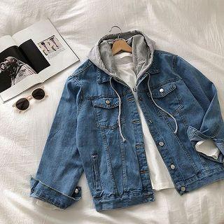 Color-block Single-breasted Hooded Long-sleeve Denim Jacket Blue - One Size