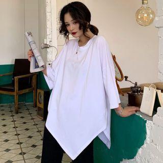 Plain Elbow-sleeve Asymmetric Hem T-shirt