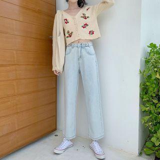 Flower Embroidered Long-sleeve Cardigan / Straight-cut Jeans