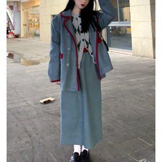 Long-sleeve Contrast Trim Coat / Plain Midi Skirt