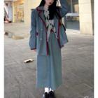 Long-sleeve Contrast Trim Coat / Plain Midi Skirt