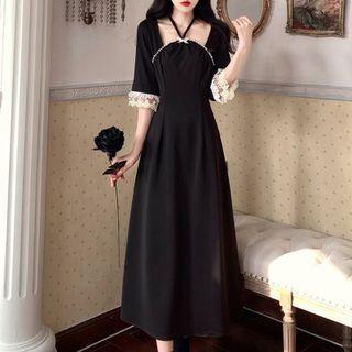 Short-sleeve Rhinestone Lace Trim Midi A-line Dress