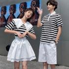 Couple Matching Striped Collared Short-sleeve T-shirt / A-line Skirt / Shorts