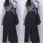Mock Two-piece Sweater / Denim Midi A-line Skirt