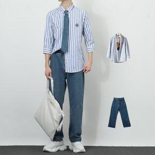 3/4-sleeve Striped Shirt / Straight-cut Jeans / Set