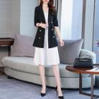 Set: Double-breasted Long Blazer + Spaghetti Strap Pleated Dress