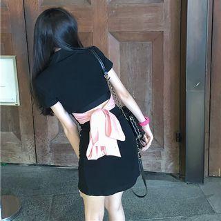 Embroider Letter Bow Skinny Mini Dress
