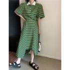 Elbow-sleeve Striped Polo Shirt / Midi A-line Skirt