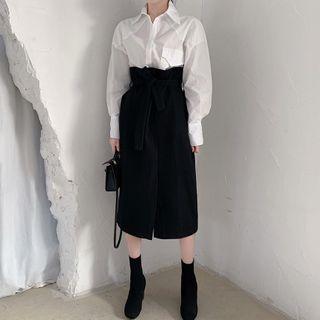 Balloon-sleeve Shirt / Tie-waist Midi A-line Skirt