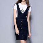 Set: Lettering Short-sleeve T-shirt + Denim Pinafore Dress