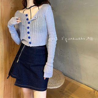 Rib Knit Cardigan / Mini A-line Denim Skirt / Set