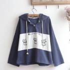 Dog Embroidered Hooded Blouse Navy Blue - One Size