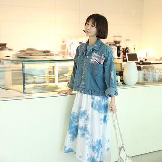 Letter Button-back Distressed Denim Jacket