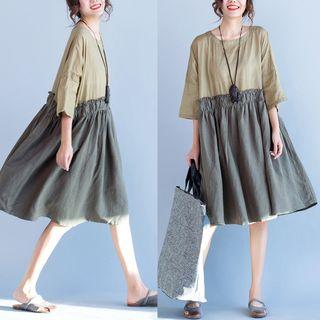 Panel Elbow-sleeve Linen Cotton Dress