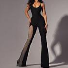 Spaghetti Strap Mesh Panel Flared Jumpsuit