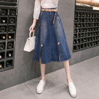 Washed A-line Slit Denim Skirt