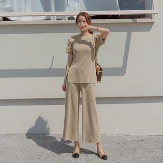 Set: Slit-side Knit Top + Drawstring-waist Wide-leg Pants