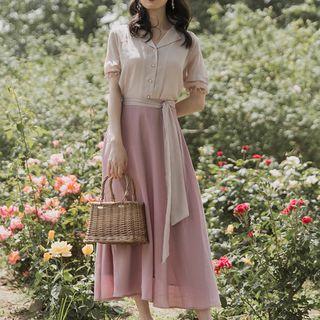 Set: Faux Pearl Button Short-sleeve Blouse + Midi A-line Chiffon Skirt