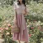 Set: Faux Pearl Button Short-sleeve Blouse + Midi A-line Chiffon Skirt