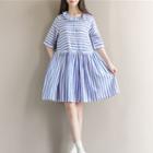 Striped Elbow Sleeve Collared Dress