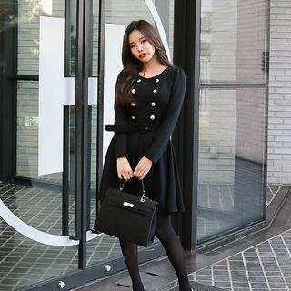 Puff-shoulder Double-breasted Flare Dress With Belt