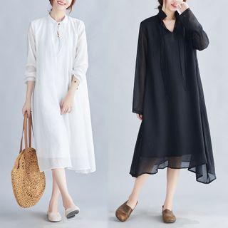 Long-sleeve Collared Midi Shift Dress