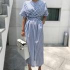 Striped Short-sleeve Midi Dress As Shown In Figure - One Size