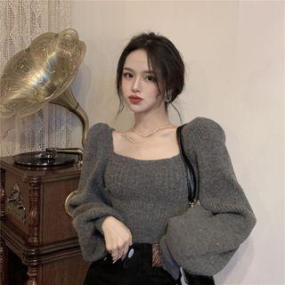 Puff-sleeve Square Neck Knit Top