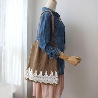 Lace Trim Knit Tote Bag