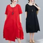 Plain Short-sleeve Asymmetric Midi A-line Dress
