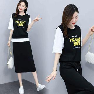 Set: Mock Two-piece Short-sleeve Lettering T-shirt + Midi A-line Skirt
