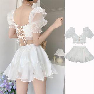 Set: Puff Sleeve V-neck Ruffled Lace-up Swim Top + Swim Skirt