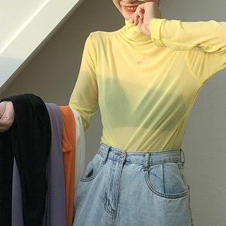 Mock-neck Long-sleeve Mesh T-shirt